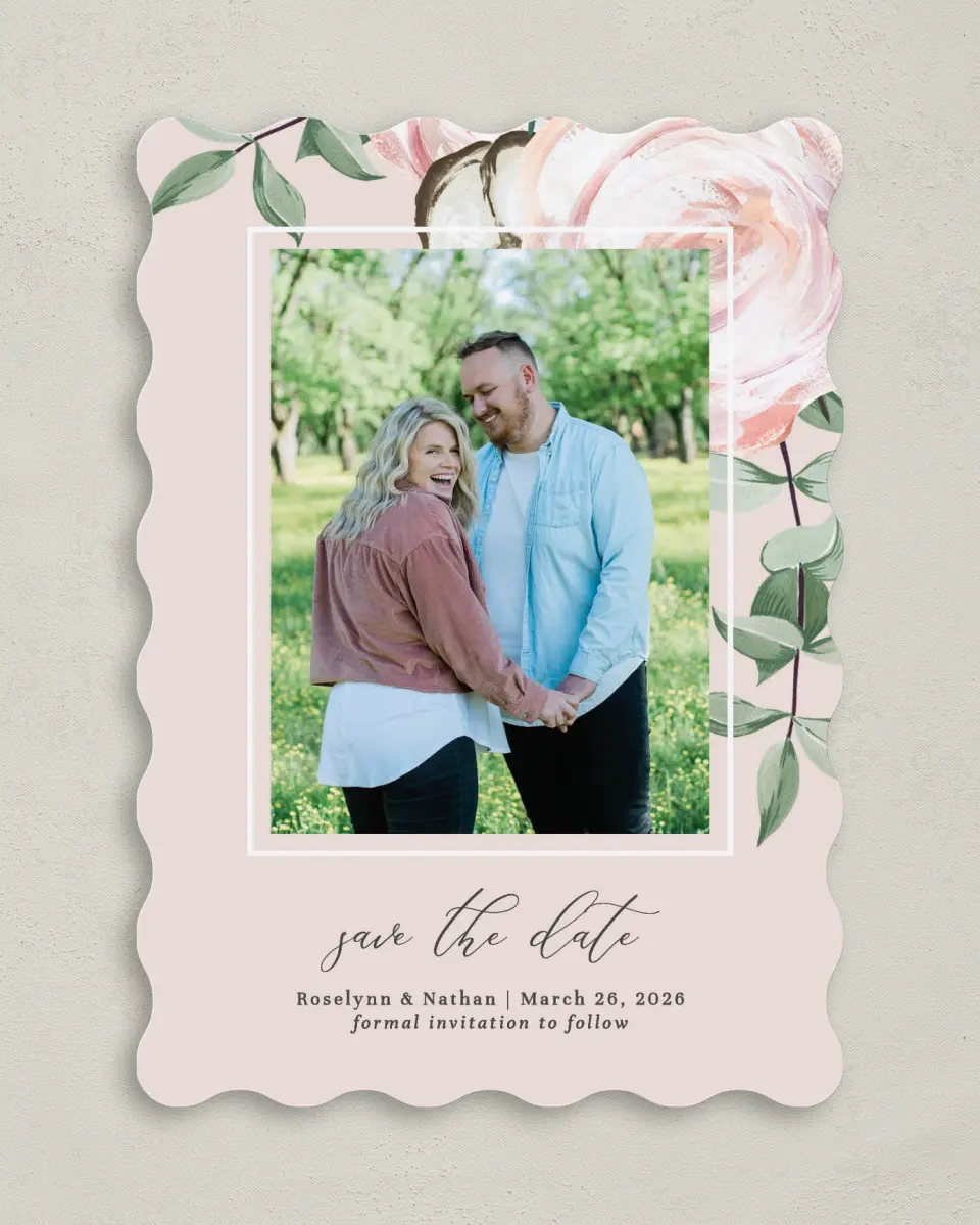 This is a 5" x 7" Save the Date Card called Soft Rose printed in full color on Premium Smooth paper