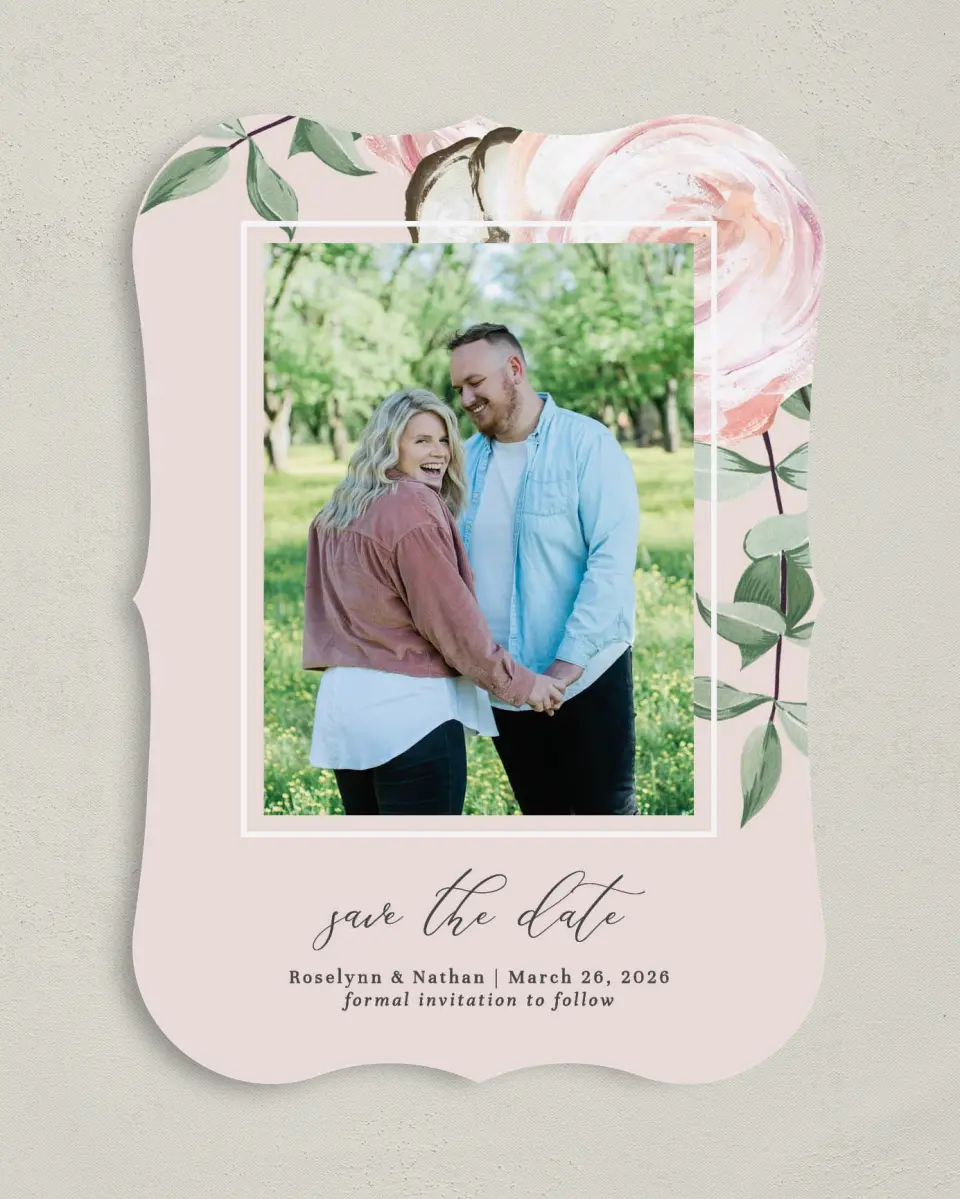 This is a 5" x 7" Save the Date Card called Soft Rose printed in full color on Premium Smooth paper