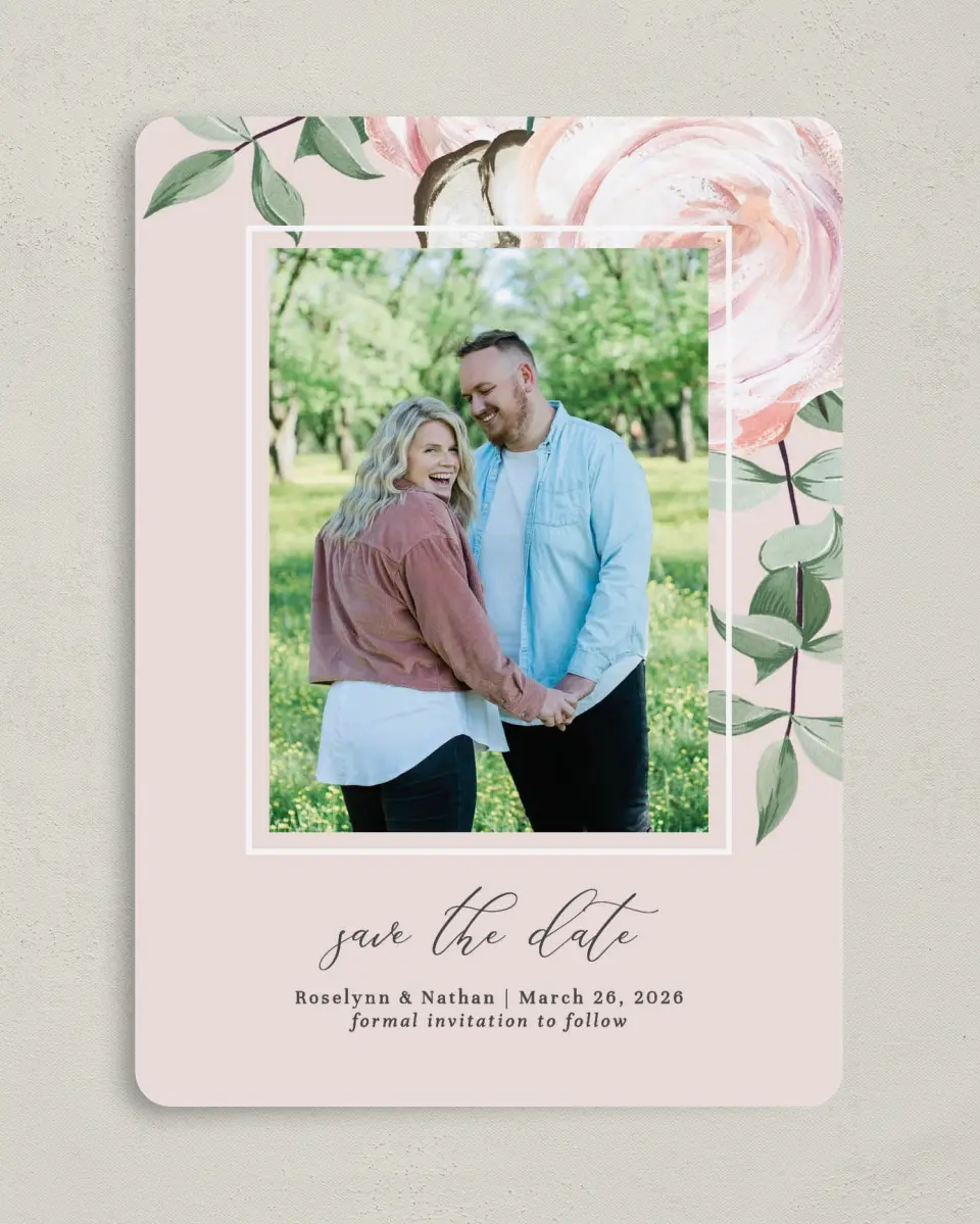 This is a 5" x 7" Save the Date Card called Soft Rose printed in full color on Premium Smooth paper