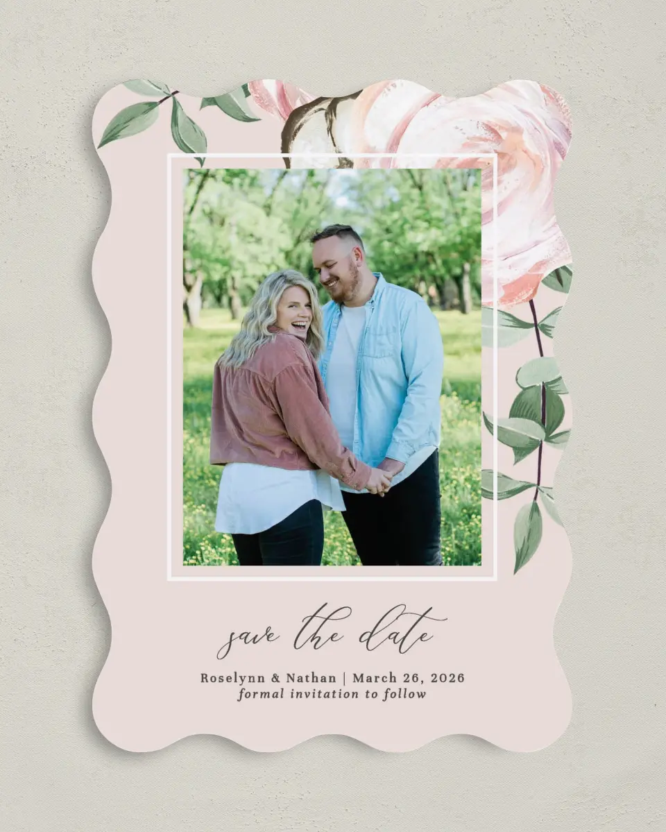 This is a 5" x 7" Save the Date Card called Soft Rose printed in full color on Premium Smooth paper