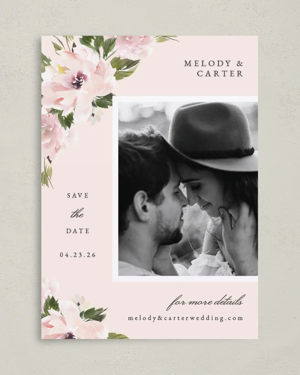 This is a 5" x 7" Save the Date Card called Sweet Floral printed in full color on Premium Smooth paper