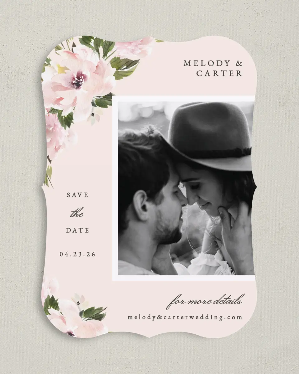 This is a 5" x 7" Save the Date Card called Sweet Floral printed in full color on Premium Smooth paper
