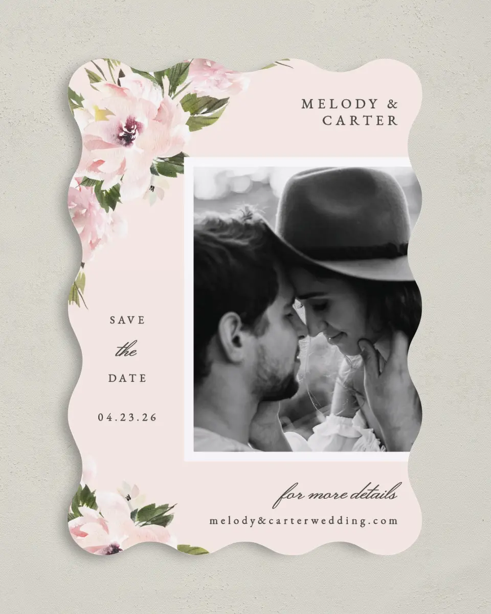 This is a 5" x 7" Save the Date Card called Sweet Floral printed in full color on Premium Smooth paper