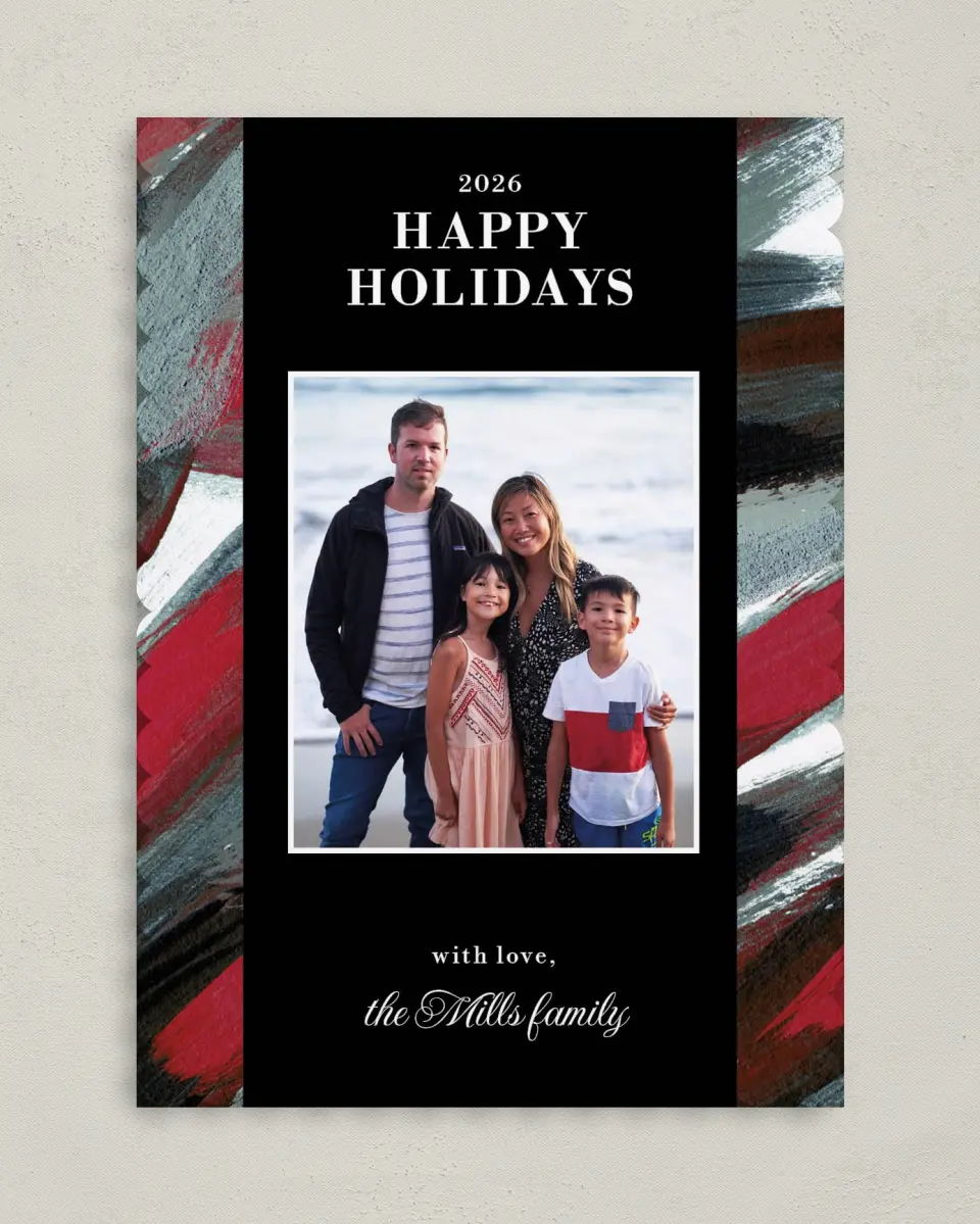 This is a 5" x 7" Christmas Card called Holiday Swashes printed in full color on Premium Smooth paper on Premium Smooth paper on Premium Smooth paper