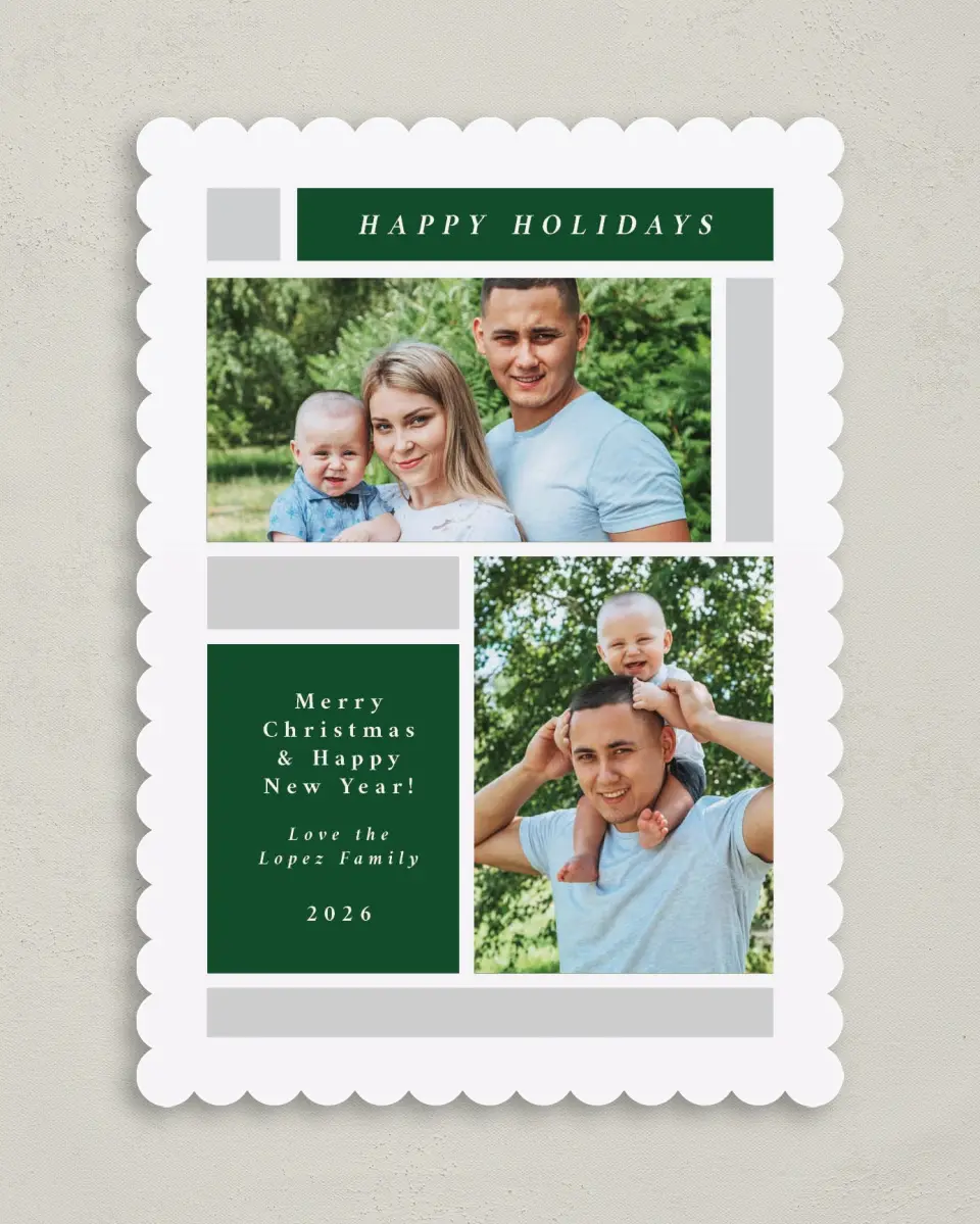 This is a 5" x 7" Christmas Card called Holiday Boxes printed in full color on Premium Smooth paper on Premium Smooth paper on Premium Smooth paper