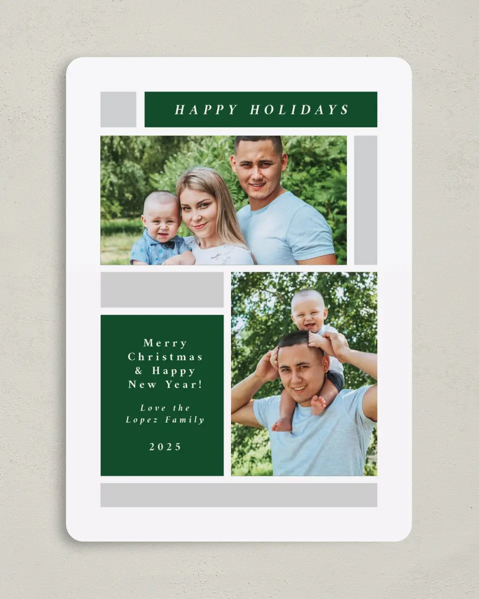 This is a 5" x 7" Christmas Card called Holiday Boxes printed in full color on Premium Smooth paper