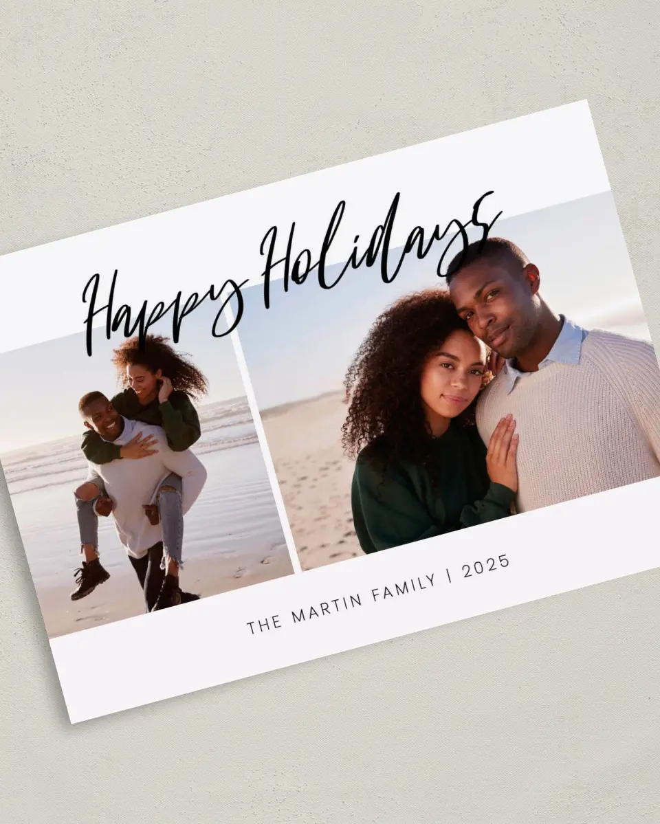 This is a 5" x 7" Christmas Card called Holiday Duo printed in full color on Premium Smooth paper