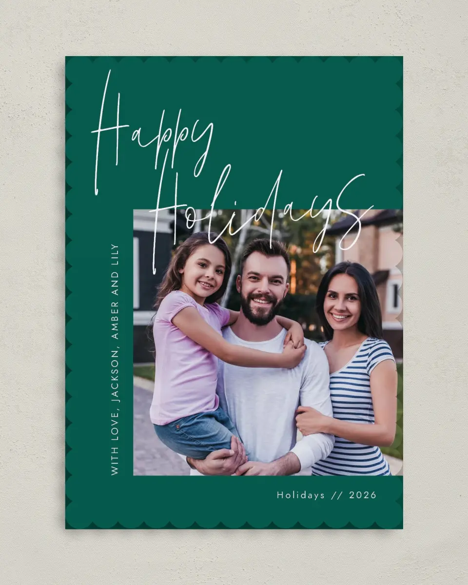 This is a 5" x 7" Christmas Card called Holiday Script printed in full color on Premium Smooth paper on Premium Smooth paper on Premium Smooth paper