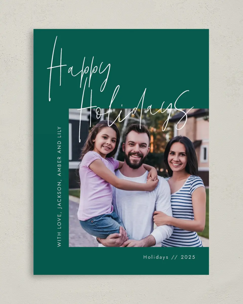 This is a 5" x 7" Christmas Card called Holiday Script printed in full color on Premium Smooth paper