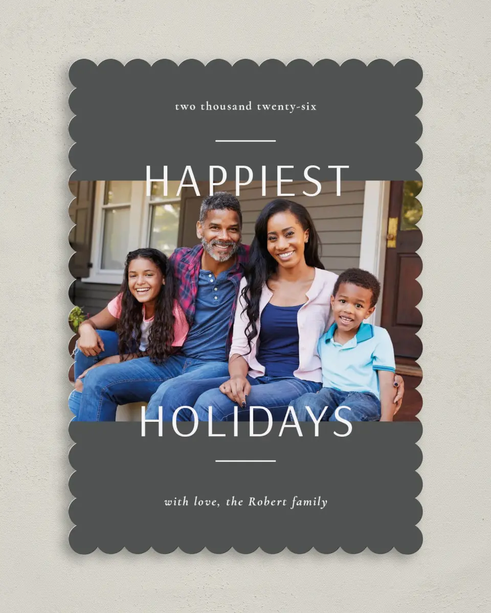 This is a 5" x 7" Christmas Card called Happiest Holidays printed in full color on Premium Smooth paper on Premium Smooth paper on Premium Smooth paper