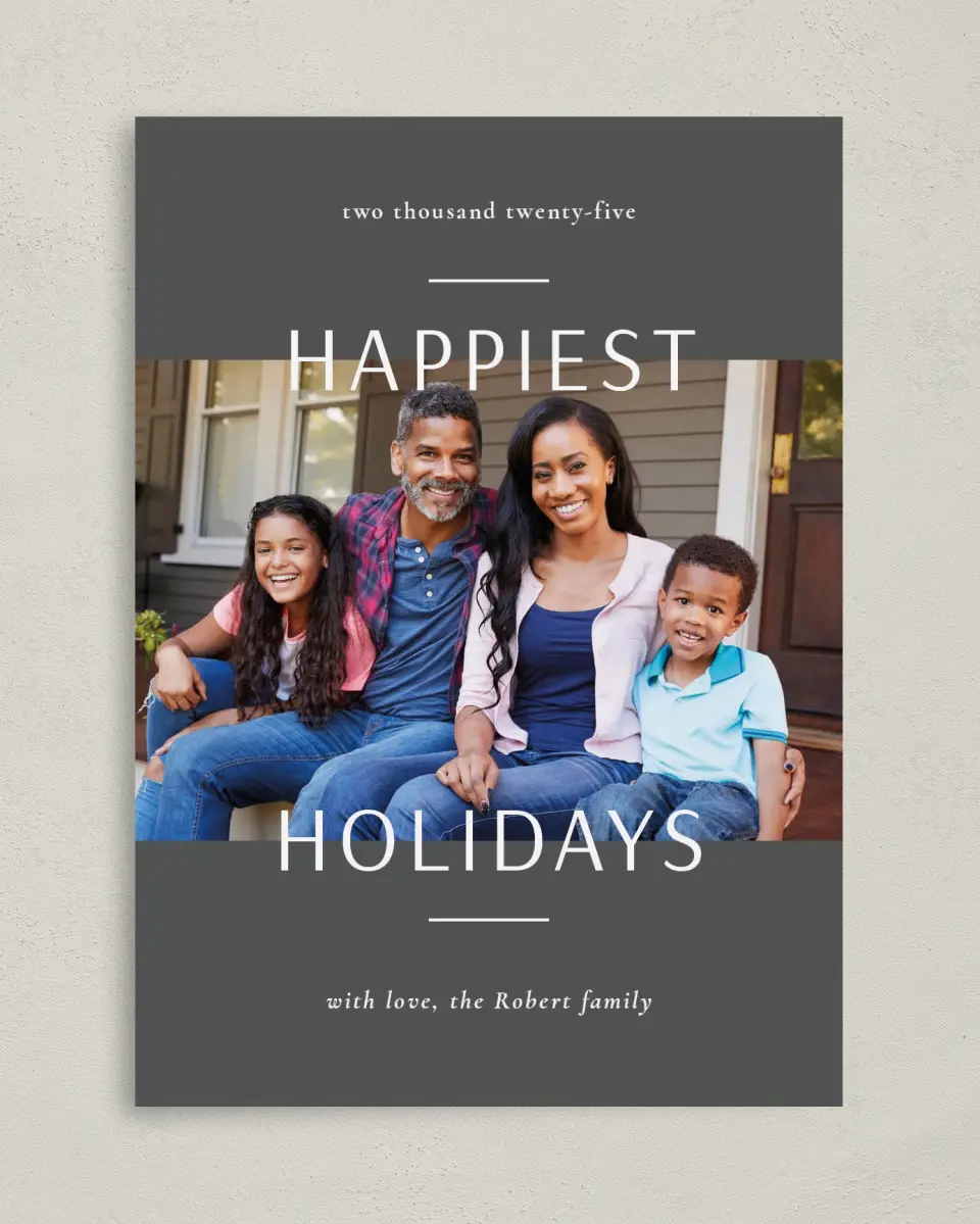 This is a 5" x 7" Christmas Card called Happiest Holidays printed in full color on Premium Smooth paper