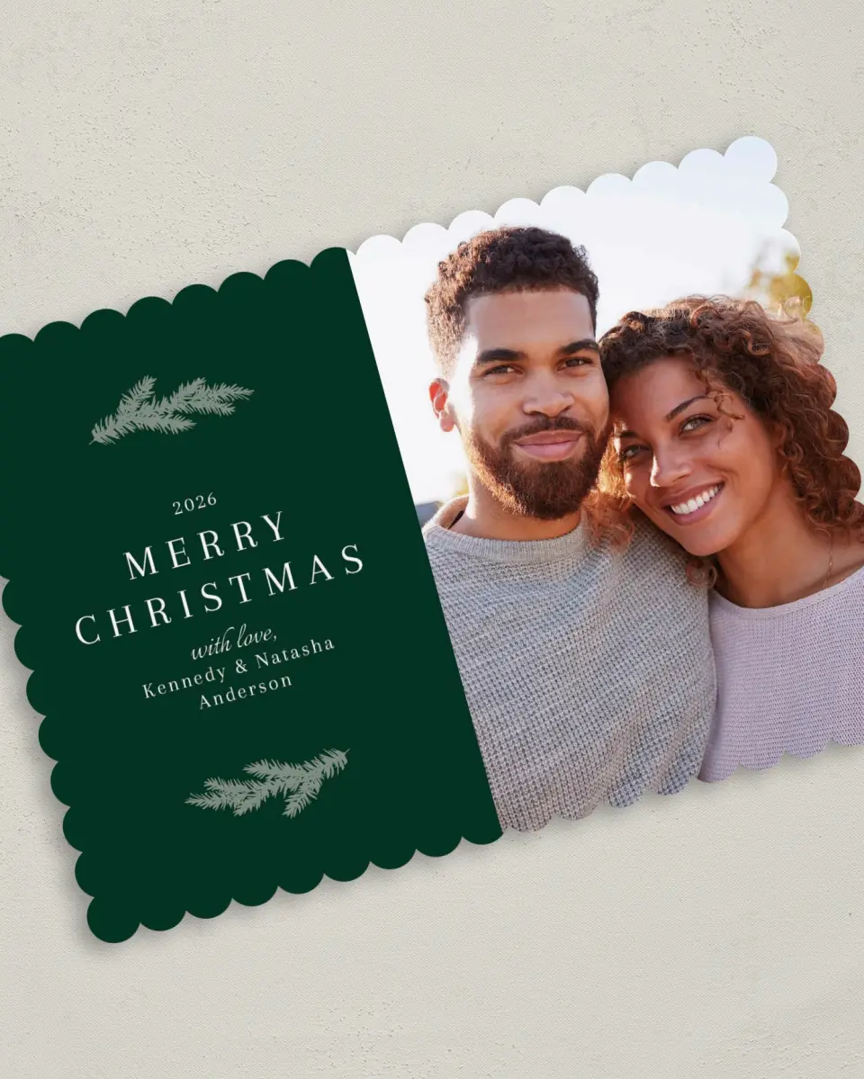 This is a 5" x 7" Christmas Card called Pine Boughs printed in full color on Premium Smooth paper on Premium Smooth paper on Premium Smooth paper