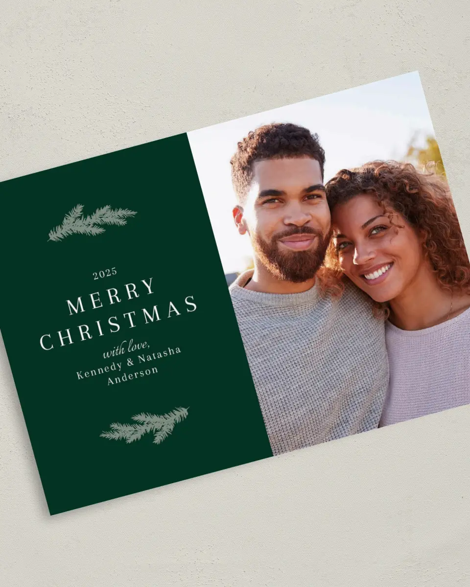 This is a 5" x 7" Christmas Card called Pine Boughs printed in full color on Premium Smooth paper