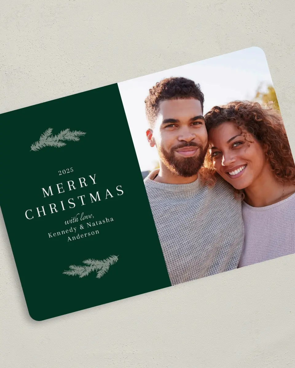 This is a 5" x 7" Christmas Card called Pine Boughs printed in full color on Premium Smooth paper