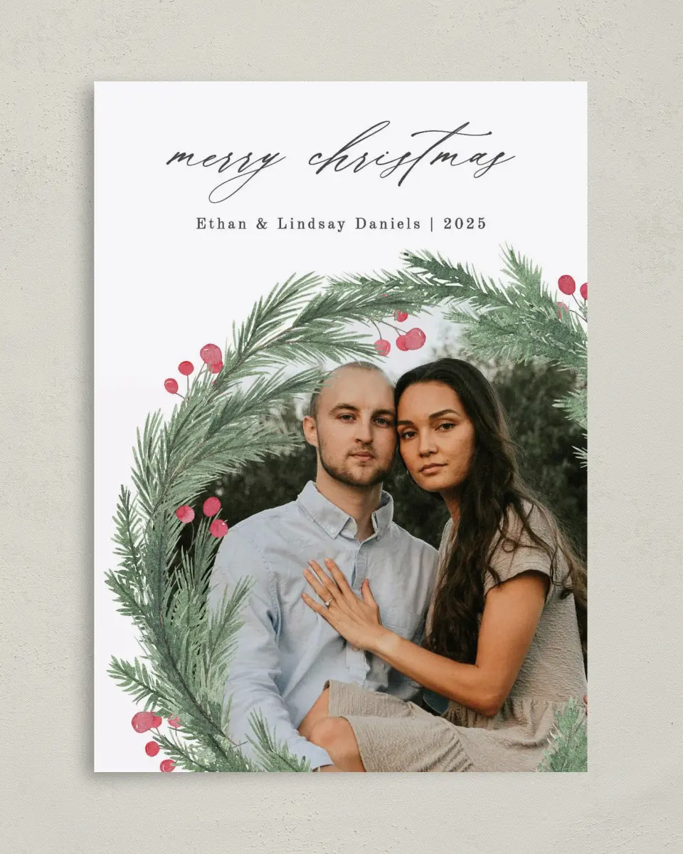 This is a 5" x 7" Christmas Card called Asymmetrical Wreath printed in full color on Premium Smooth paper