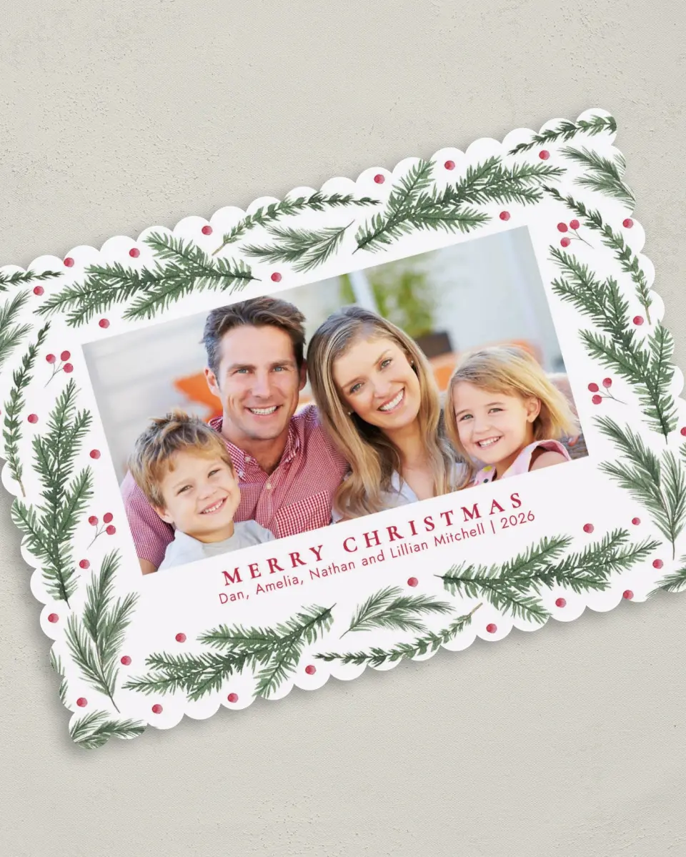 This is a 5" x 7" Christmas Card called Pine Pattern printed in full color on Premium Smooth paper on Premium Smooth paper on Premium Smooth paper