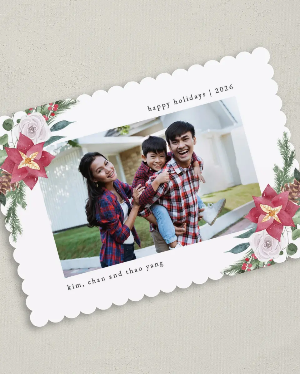 This is a 5" x 7" Christmas Card called Winter Floral Poinsettia printed in full color on Premium Smooth paper on Premium Smooth paper on Premium Smooth paper