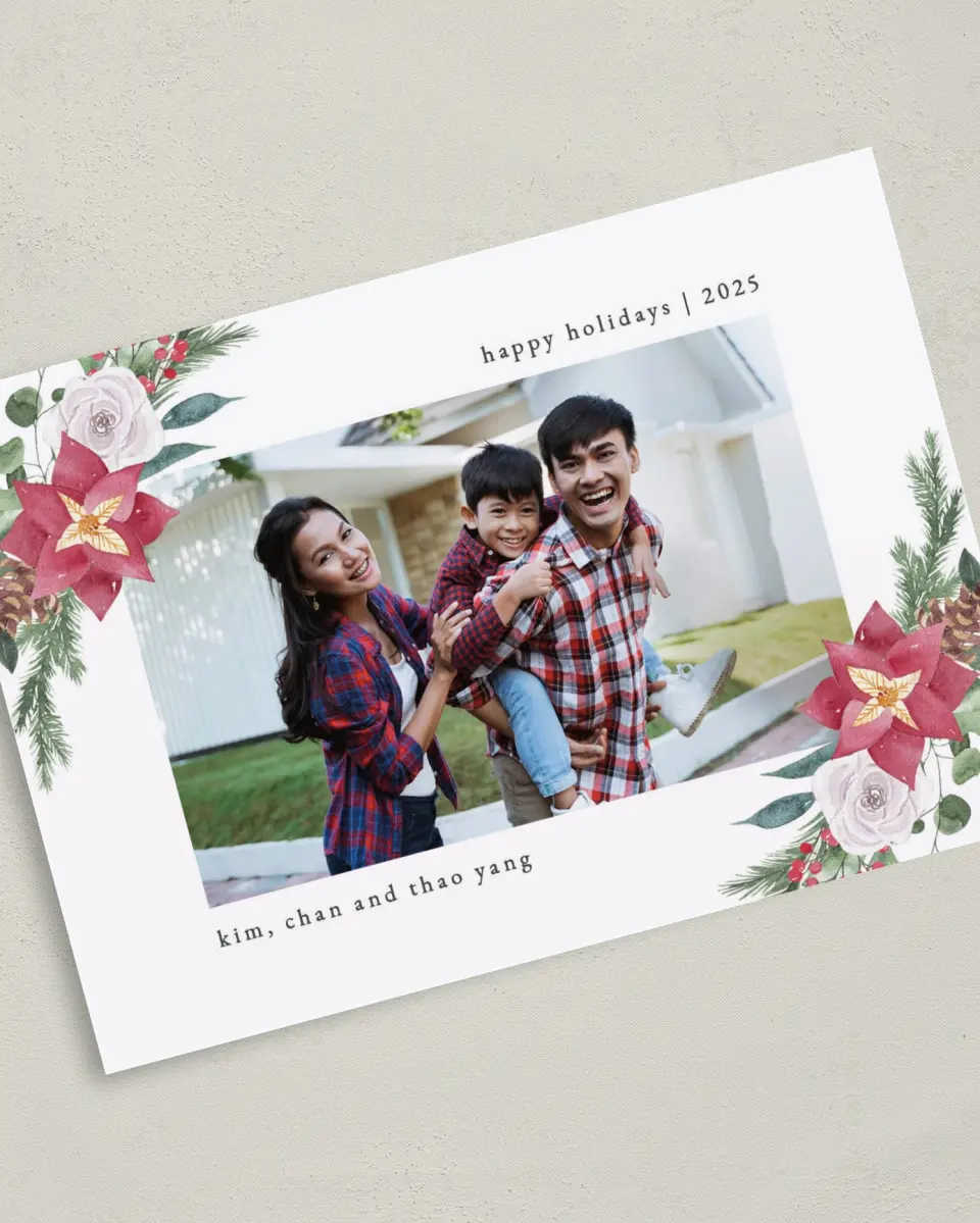 This is a 5" x 7" Christmas Card called Winter Floral Poinsettia printed in full color on Premium Smooth paper