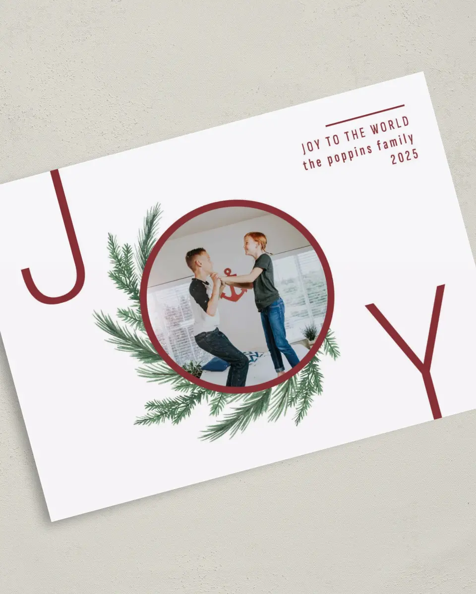 This is a 5" x 7" Christmas Card called Wreath of Joy printed in full color on Premium Smooth paper