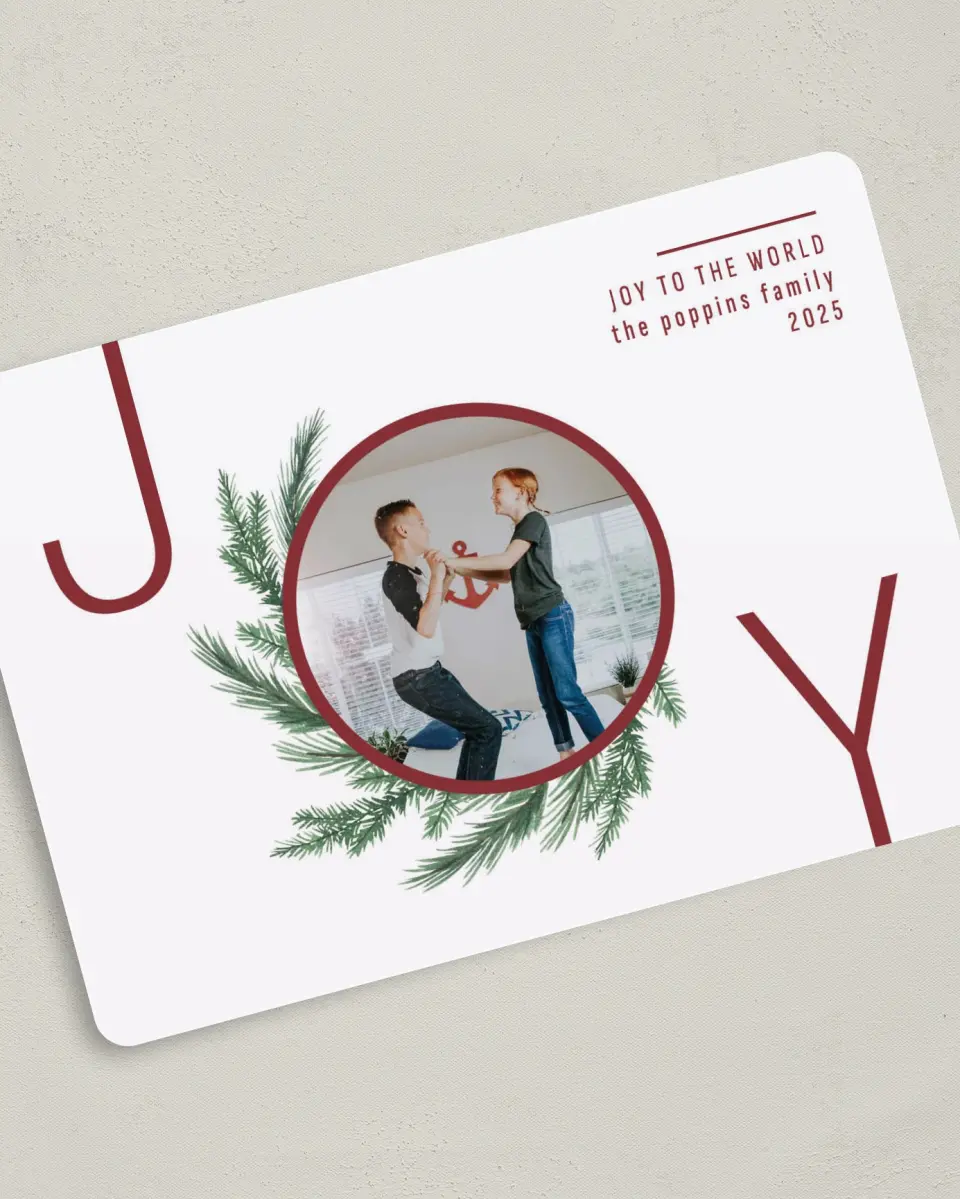This is a 5" x 7" Christmas Card called Wreath of Joy printed in full color on Premium Smooth paper