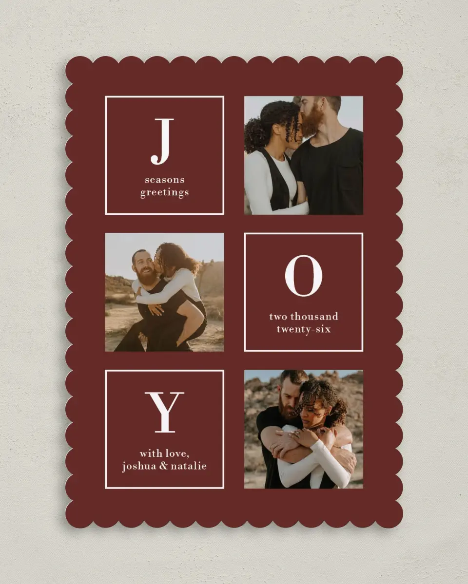 This is a 5" x 7" Christmas Card called Boxed Joy printed in full color on Premium Smooth paper on Premium Smooth paper on Premium Smooth paper