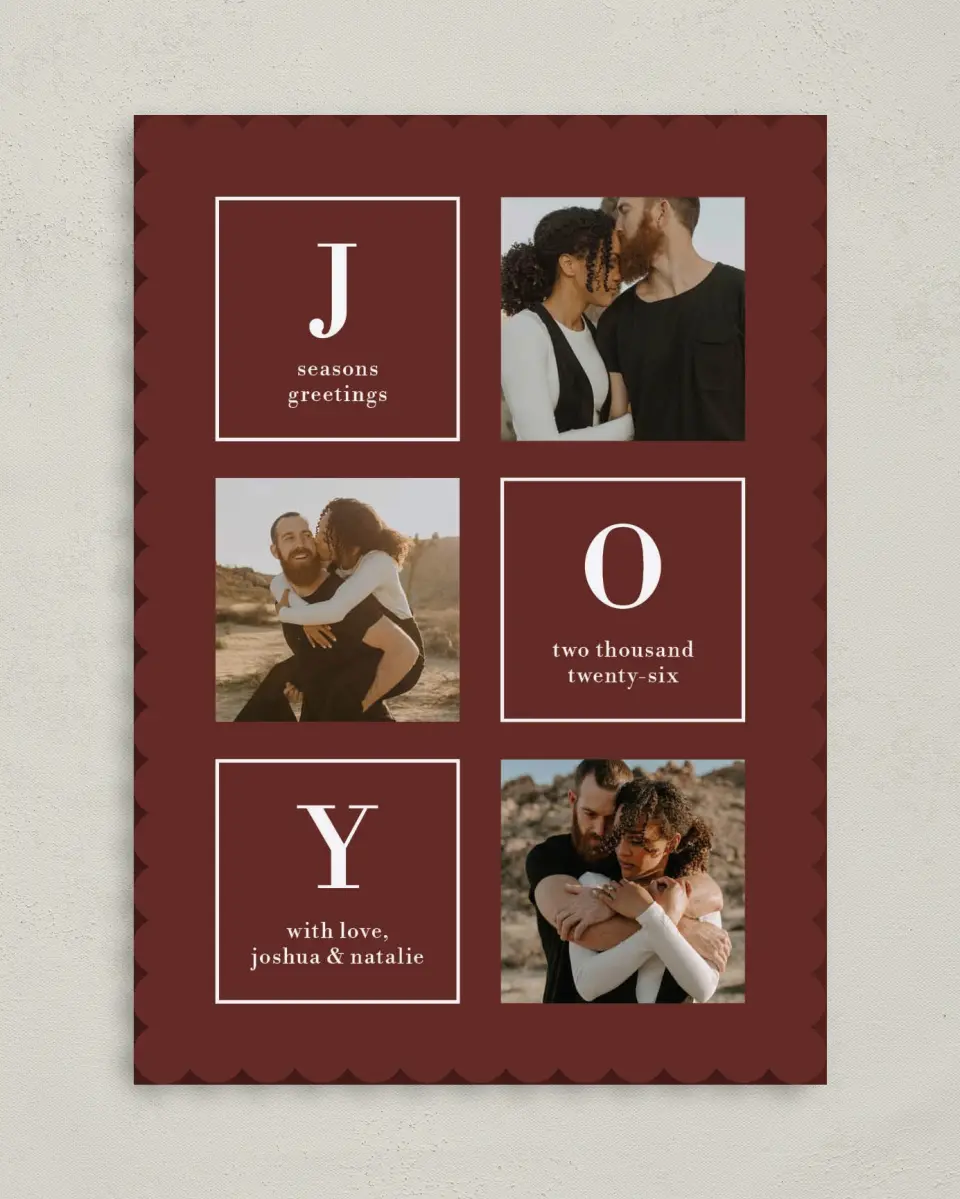 This is a 5" x 7" Christmas Card called Boxed Joy printed in full color on Premium Smooth paper on Premium Smooth paper on Premium Smooth paper