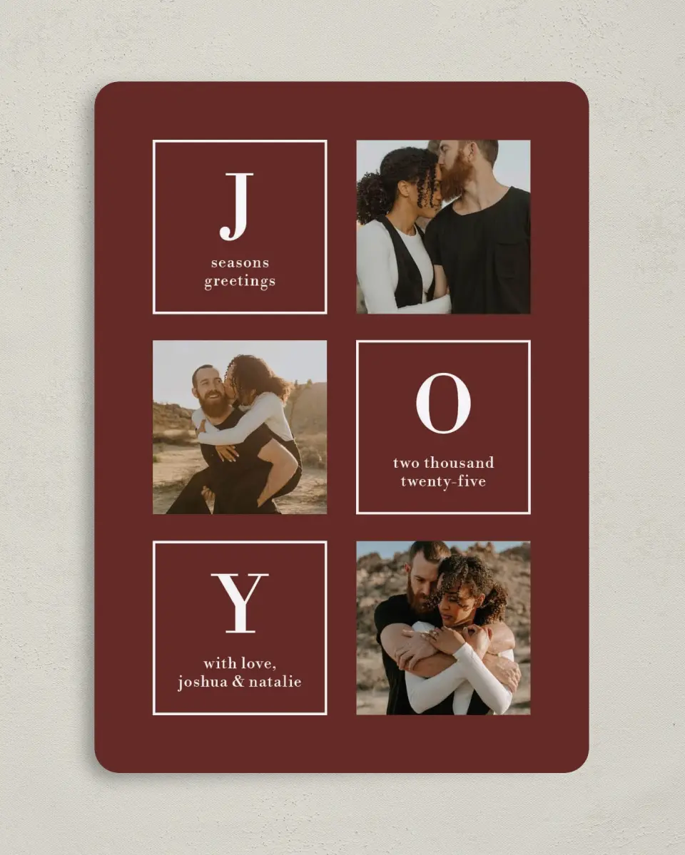 This is a 5" x 7" Christmas Card called Boxed Joy printed in full color on Premium Smooth paper
