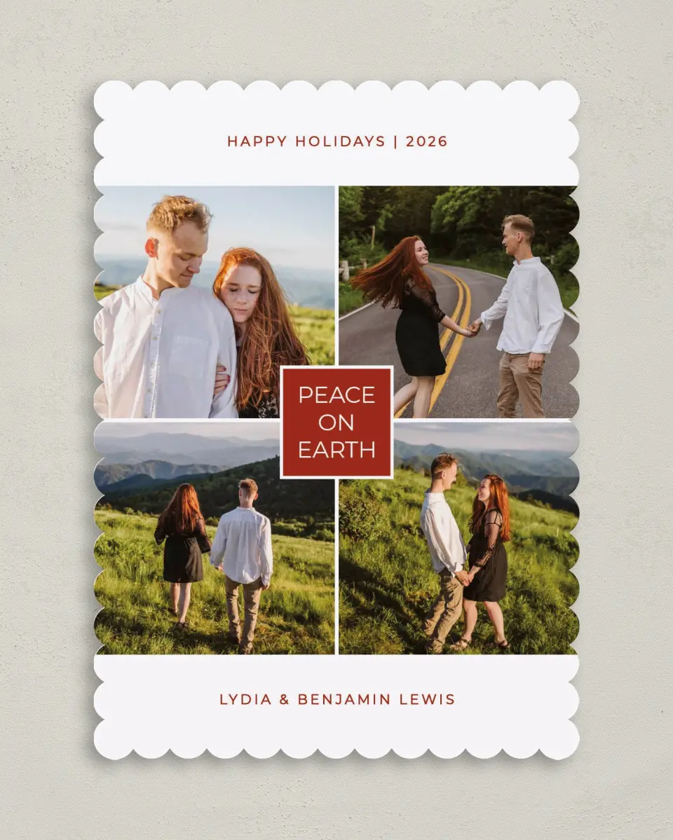 This is a 5" x 7" Christmas Card called Peace Box printed in full color on Premium Smooth paper on Premium Smooth paper on Premium Smooth paper