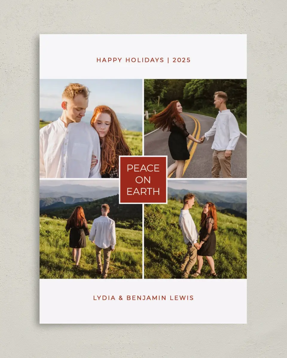 This is a 5" x 7" Christmas Card called Peace Box printed in full color on Premium Smooth paper