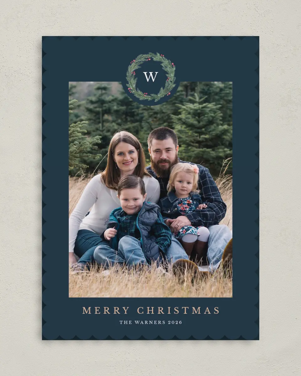 This is a 5" x 7" Christmas Card called Holiday Wreath printed in full color on Premium Smooth paper on Premium Smooth paper on Premium Smooth paper