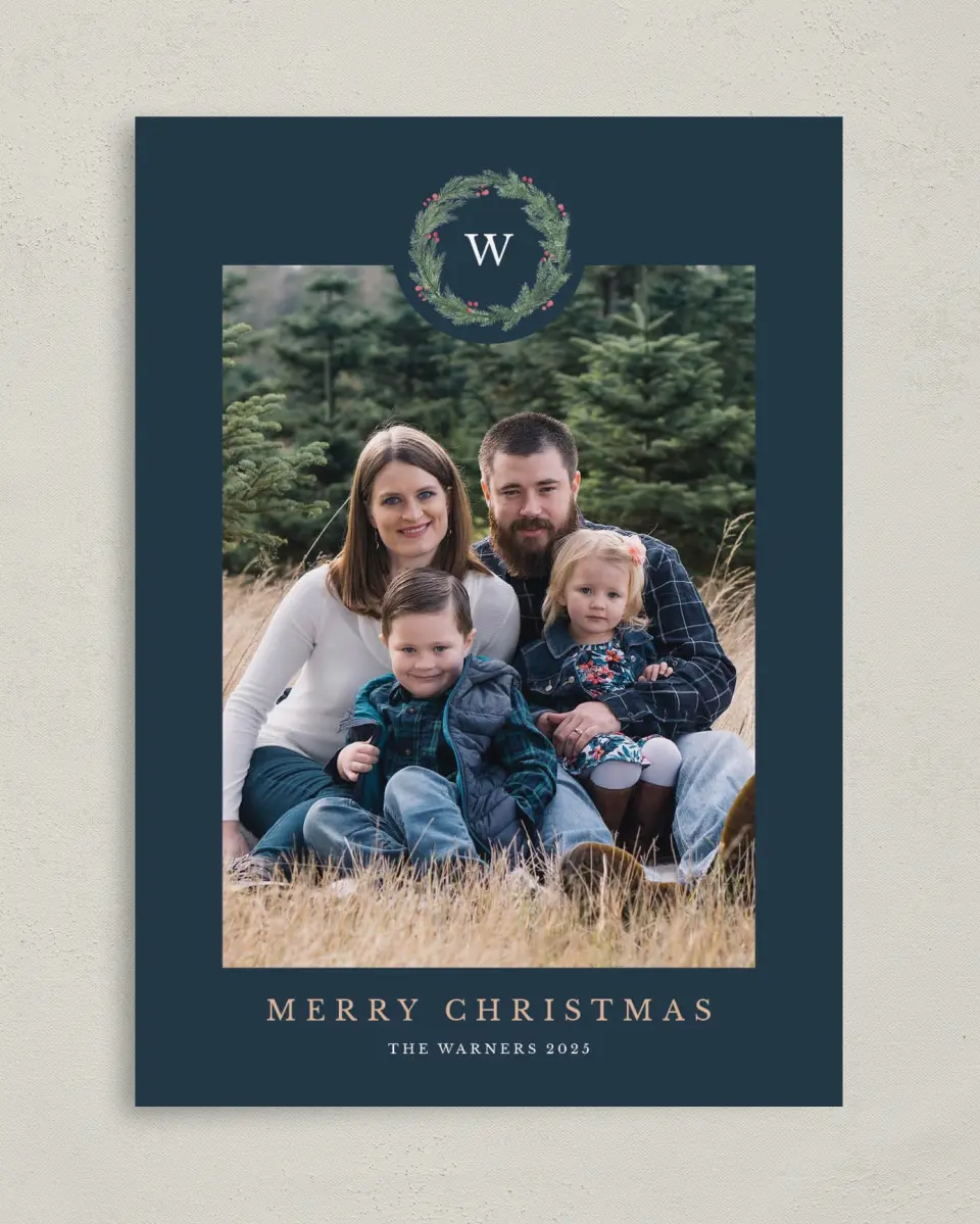This is a 5" x 7" Christmas Card called Holiday Wreath printed in full color on Premium Smooth paper