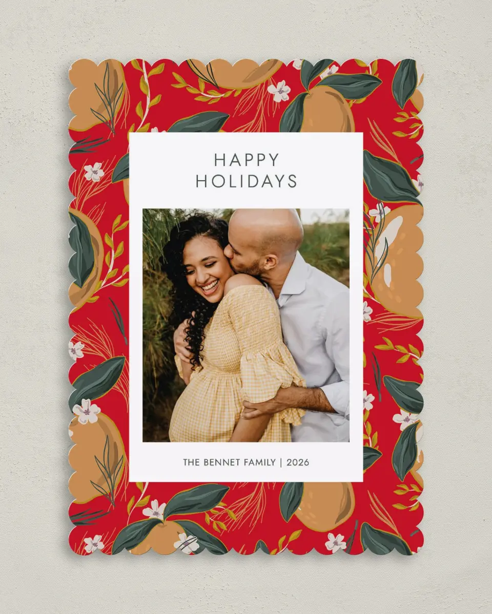 This is a 5" x 7" Christmas Card called Festive Fruit printed in full color on Premium Smooth paper on Premium Smooth paper on Premium Smooth paper