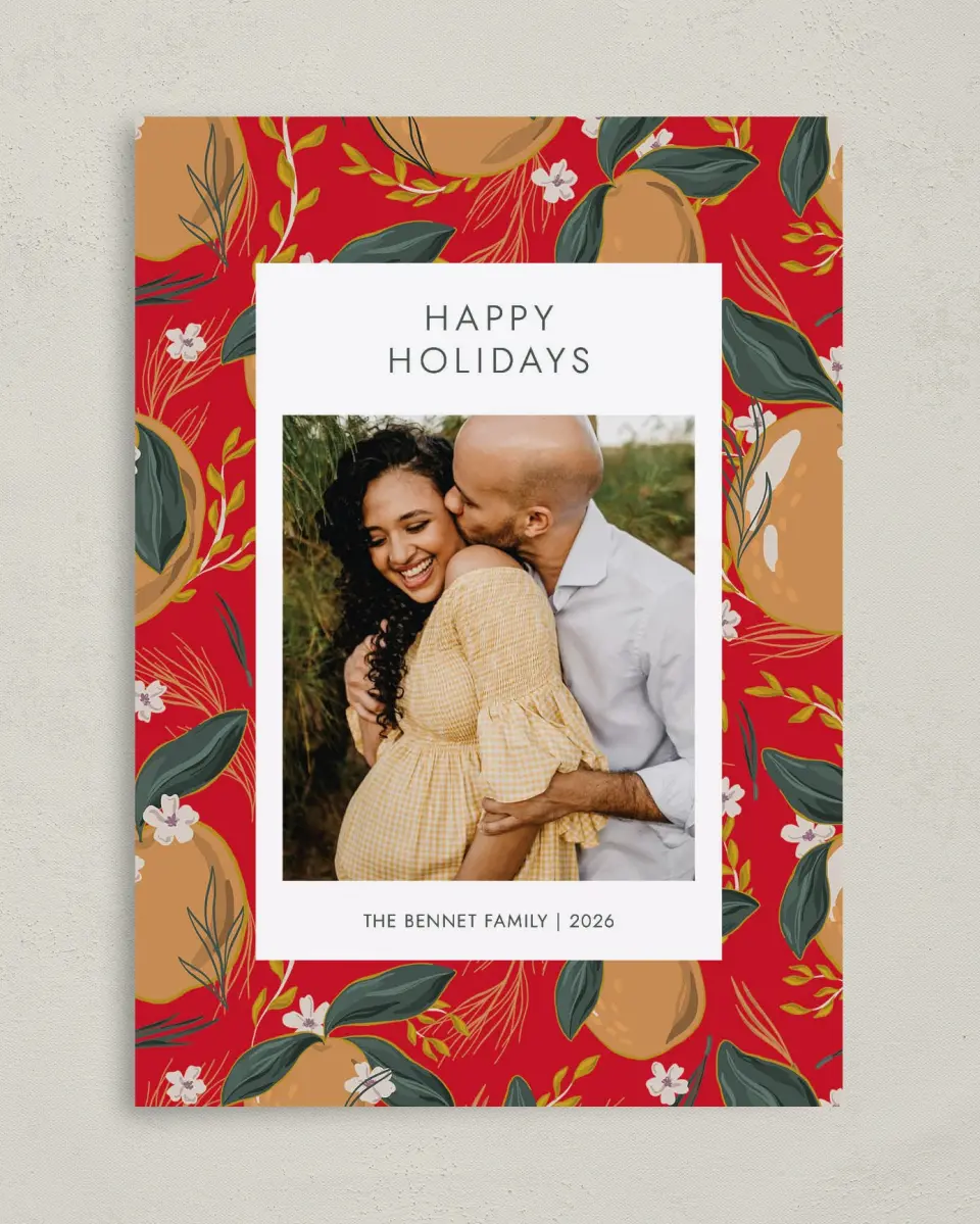 This is a 5" x 7" Christmas Card called Festive Fruit printed in full color on Premium Smooth paper