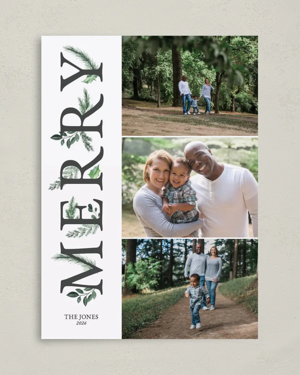 This is a 5" x 7" Christmas Card called Merry Tidings printed in full color on Premium Smooth paper