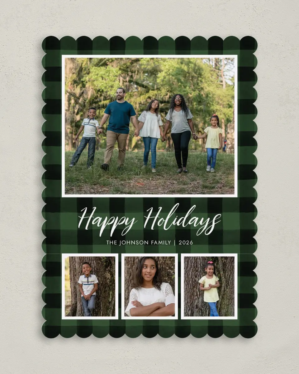This is a 5" x 7" Christmas Card called Holiday Check printed in full color on Premium Smooth paper on Premium Smooth paper on Premium Smooth paper