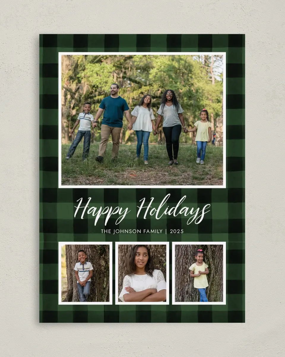 This is a 5" x 7" Christmas Card called Holiday Check printed in full color on Premium Smooth paper