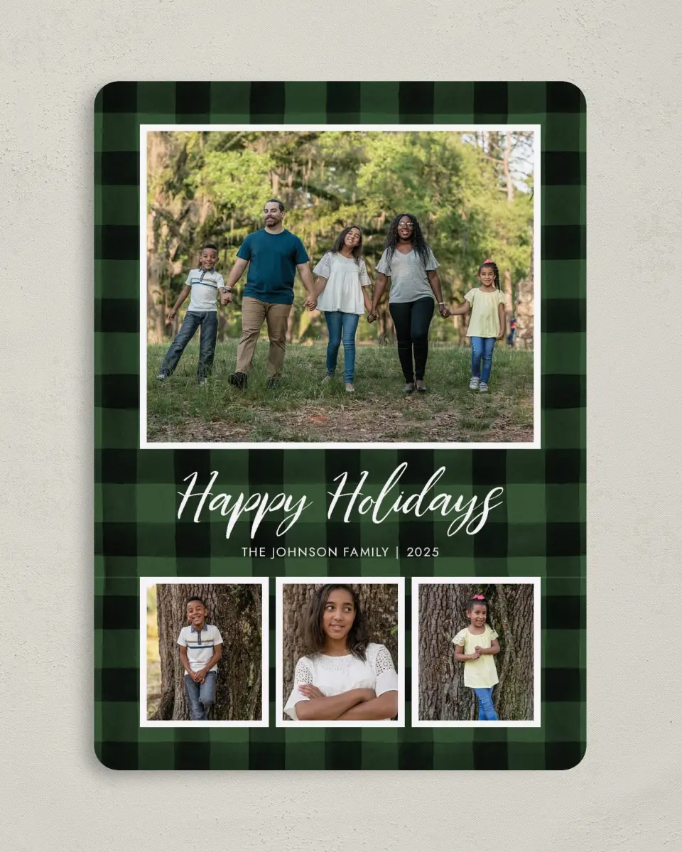 This is a 5" x 7" Christmas Card called Holiday Check printed in full color on Premium Smooth paper