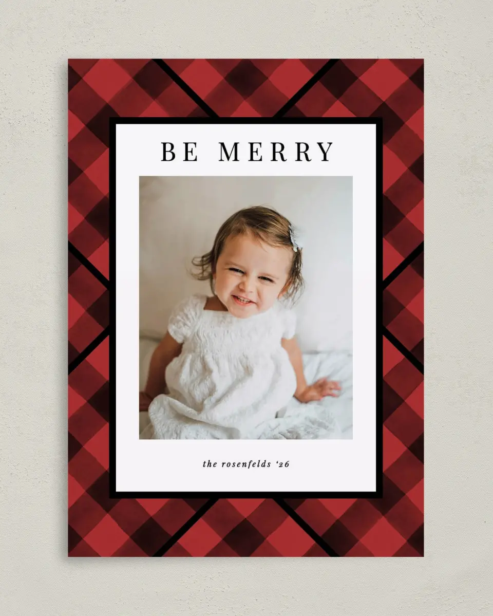 This is a 5" x 7" Christmas Card called Checkered Cheer printed in full color on Premium Smooth paper