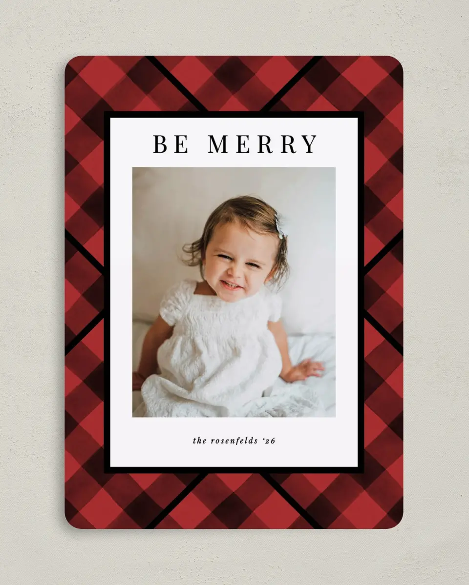This is a 5" x 7" Christmas Card called Checkered Cheer printed in full color on Premium Smooth paper