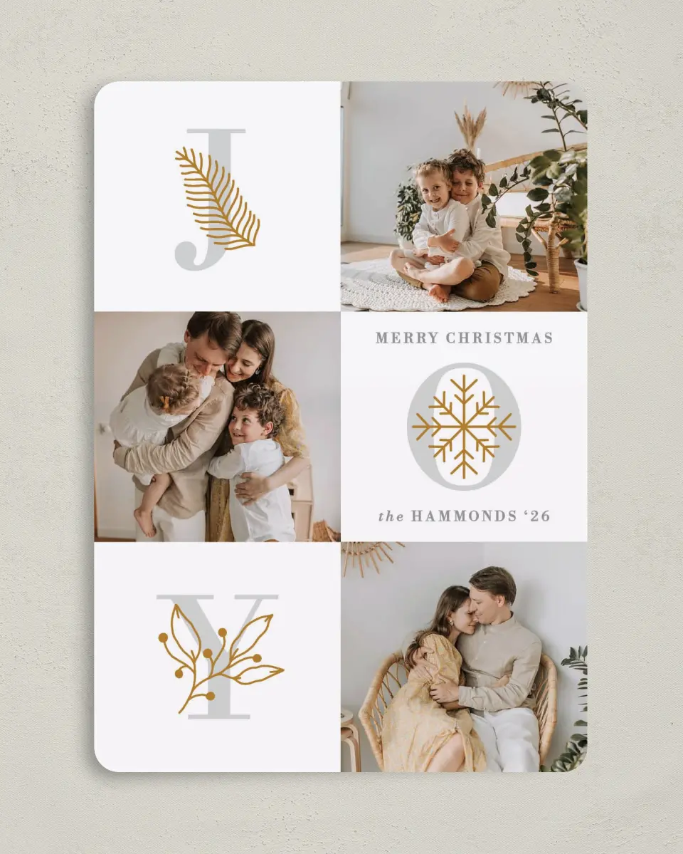 This is a 5" x 7" Christmas Card called Lustrous Joy printed in full color with Rose Gold foil on Soft Suede (coated) paper