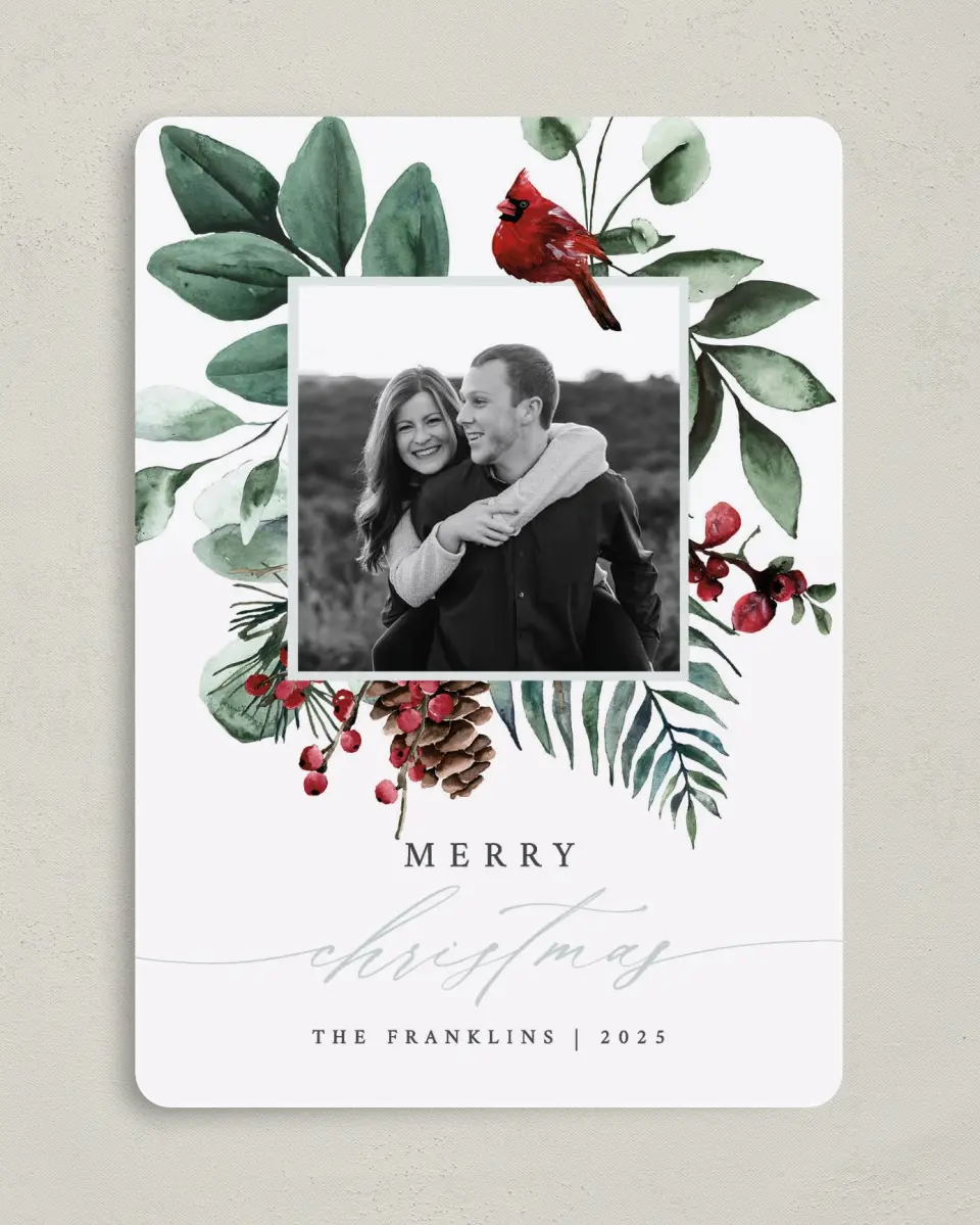 This is a 5" x 7" Christmas Card called Beautiful Boughs printed in full color with Rose Gold foil on Soft Suede (coated) paper