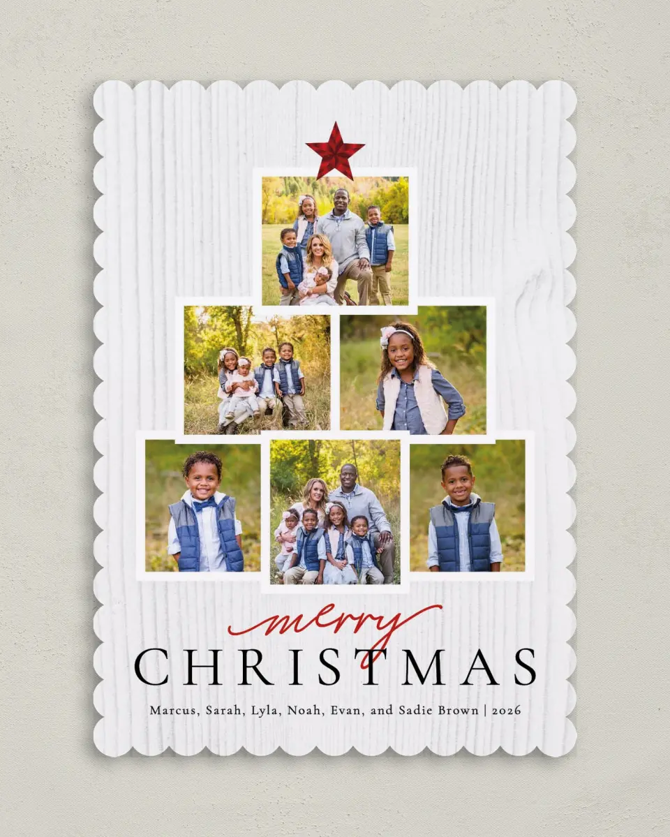 This is a 5" x 7" Christmas Card called Stacked Tree printed in full color on Premium Smooth paper on Premium Smooth paper on Premium Smooth paper