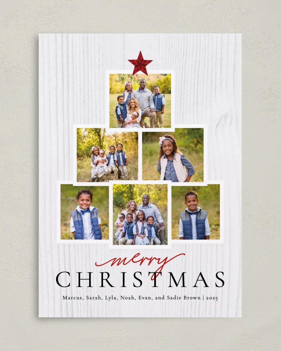 This is a 5" x 7" Christmas Card called Stacked Tree printed in full color on Premium Smooth paper