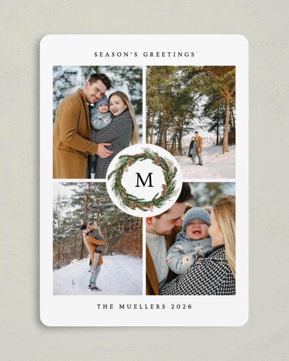 This is a 5" x 7" Christmas Card called Frosted Wreath printed in full color on Premium Smooth paper