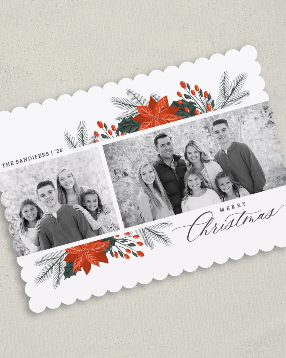 This is a 5" x 7" Christmas Card called Peaceful Poinsettia printed in full color on Premium Smooth paper on Premium Smooth paper on Premium Smooth paper