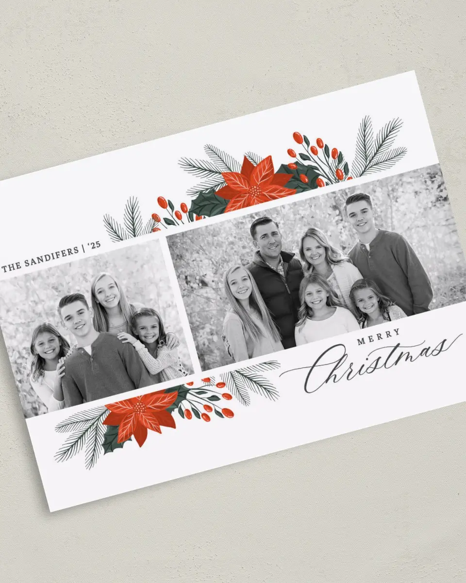 This is a 5" x 7" Christmas Card called Peaceful Poinsettia printed in full color on Premium Smooth paper
