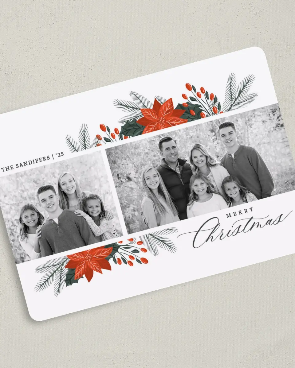 This is a 5" x 7" Christmas Card called Peaceful Poinsettia printed in full color on Premium Smooth paper