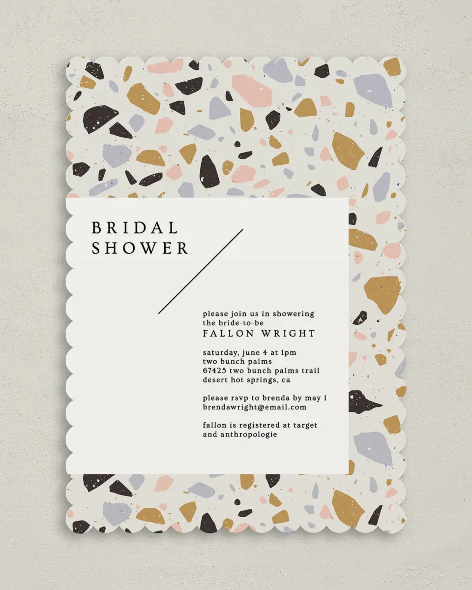 This is a 5" x 7" Bridal Shower Invitation called Modern Terrazzo printed in full color on Premium Smooth paper