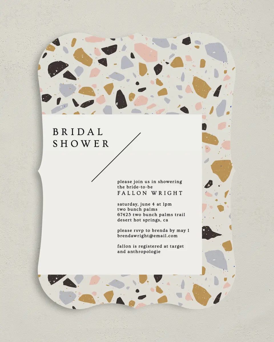 This is a 5" x 7" Bridal Shower Invitation called Modern Terrazzo printed in full color with Rose Gold foil on Luxe Satin (coated) paper