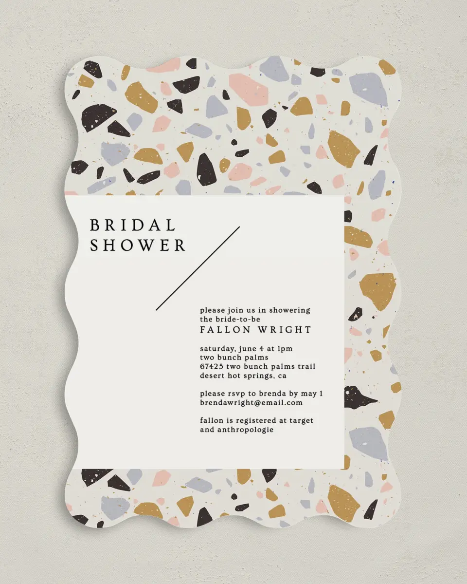 This is a 5" x 7" Bridal Shower Invitation called Modern Terrazzo printed in full color on Premium Smooth paper